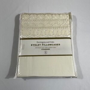 LivingQuarters Eyelet Pillowcases Set Bone Off White Cotton Lace Trim Standard 2